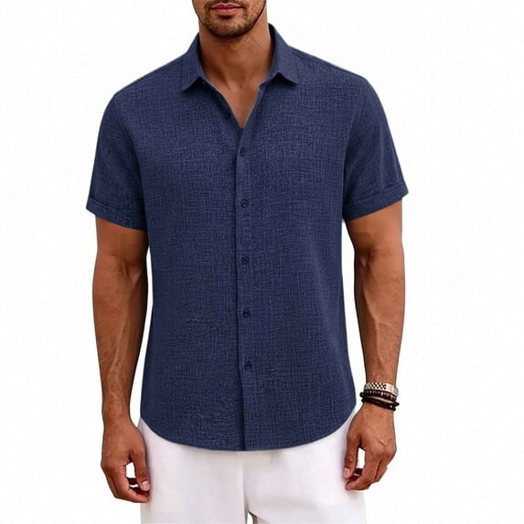 Generic Mens Summer Linen Shirt Short Sleeve Wrinkle Free Casual Untucked Button Down Shirts Beach Breathable Tops