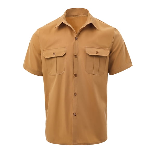 Generic Mens Travel Work Shirts Short Sleeve Casual Lapel Button Down Shirts Fashion Double Pocket Solid Color Shirt