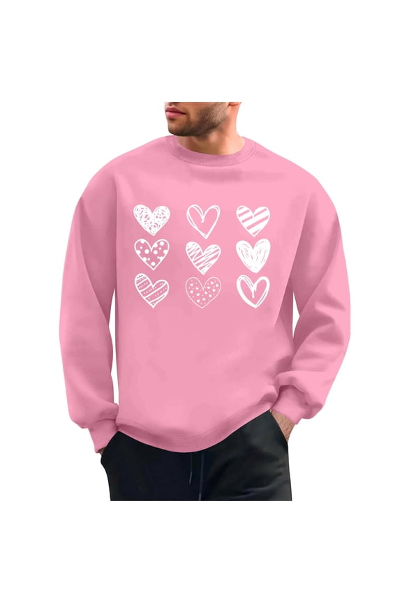 Mens Valentines Sweatshirts Trendy Love Heart Printed Crewneck Shirts Long Sleeve Loose Crewneck Casual Tee Tops