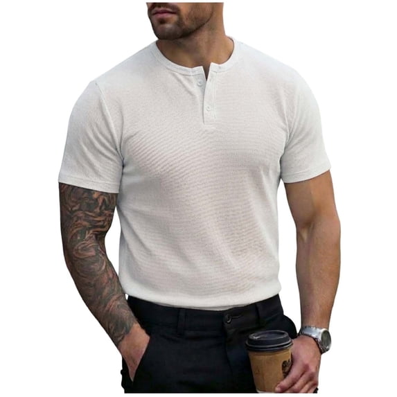 Generic Mens Waffle Henley Shirts Fashion Solid Color V Neck Short Sleeve Athletic T-Shirts Summer Tunic Tops