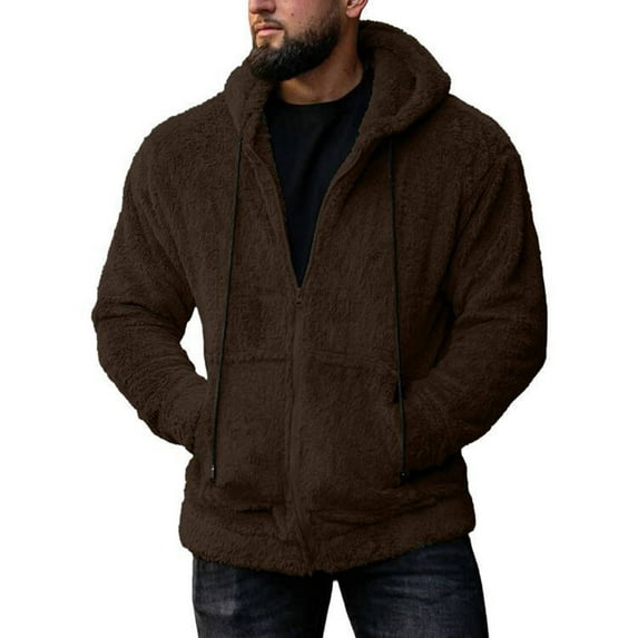 Generic Mens Winter Fleece Jacket Casual Lightweight Sherpa Jackets Full Zip Up Hoodie Coat Warm Fuzzy Hooded Outerwear