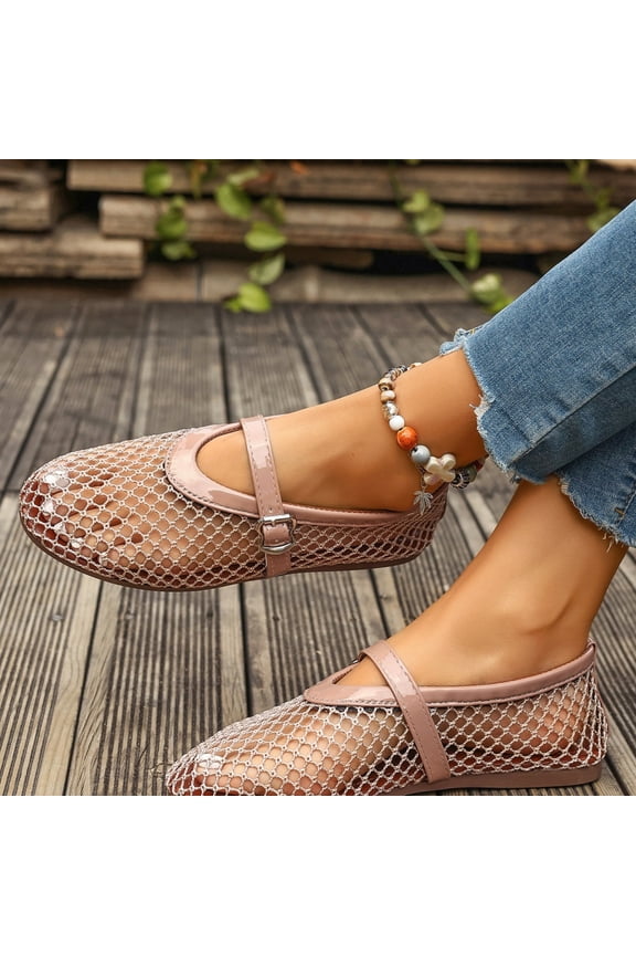 Mesh Ballet Flats for Women, High Top Fishnet Shoes with Adjustable Buckle Strap and Breathable Design for Casual Wear