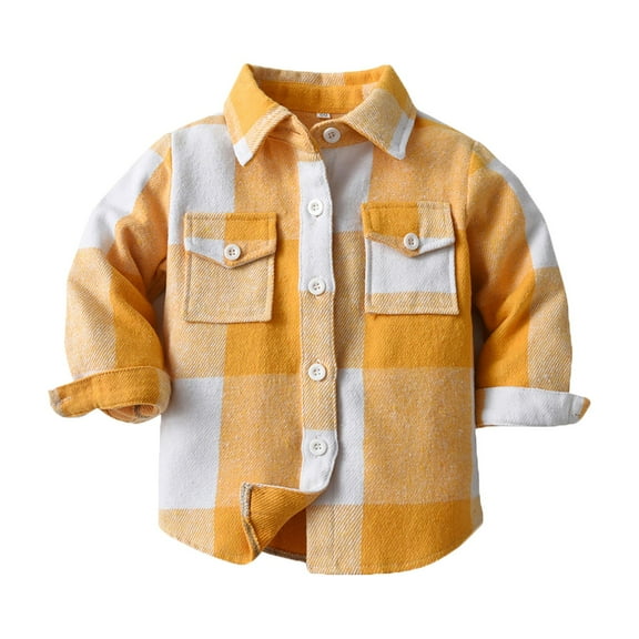 Generic Middle and Small Children's Spring and Fall Casual Long Sleeved Milled Plaid Collar Shirt Jacket for Fashion Casual Breathable Clothing (6-12 Months,Yellow)