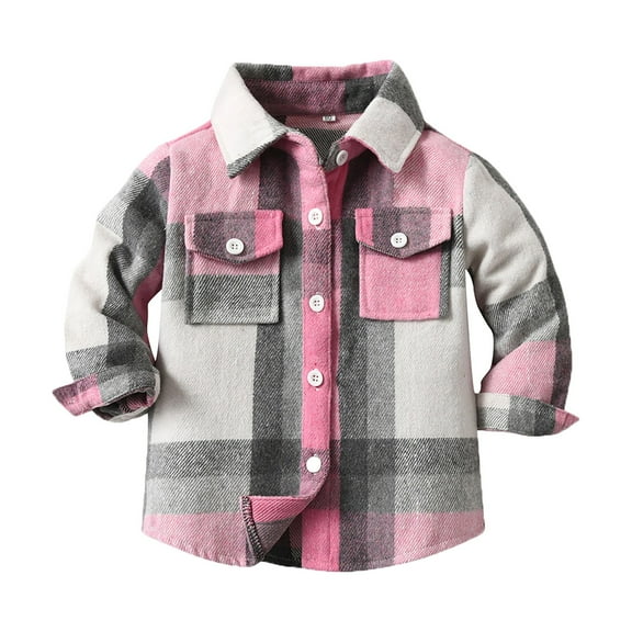 Generic Middle and Small Children's Spring and Fall Casual Long Sleeved Milled Plaid Collar Shirt Jacket for Fashion Casual Breathable Clothing (6-7 Years,Pink)