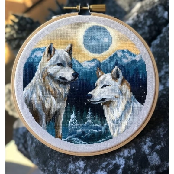 Generic Moon and Wolf Cross Stitch Kits with Hoop for Beginners Stamped Cross-Stitch Supplies Needlework DIY 11CT 3 Strands Cotton Thread Printed DIY Needlepoint Kits 3535cm (CB76), FIF-YPCIXIU3576