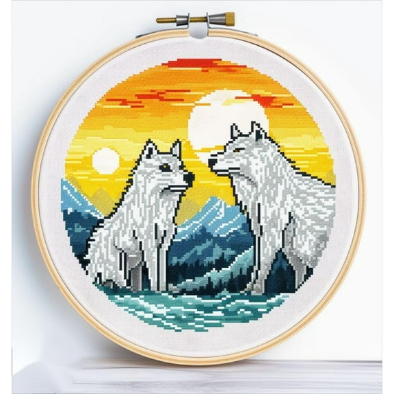 Generic Mountain Wolf Cross Stitch Kits with Hoop for Beginners Stamped Cross-Stitch Supplies Needlework DIY 11CT 3 Strands Cotton Thread Printed DIY Needlepoint Kits 3535cm (CB66), FIF-YPCIXIU3566