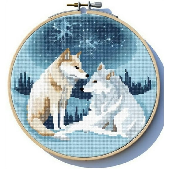 Generic Mountain Wolf Cross Stitch Kits with Hoop for Beginners Stamped Cross-Stitch Supplies Needlework DIY 11CT 3 Strands Cotton Thread Printed DIY Needlepoint Kits 3535cm (CB70), FIF-YPCIXIU3570