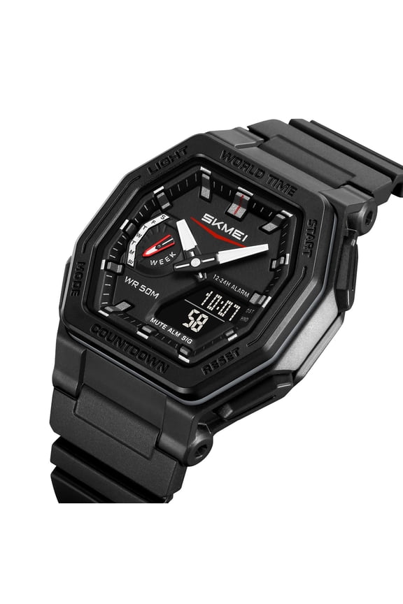 Multifunction Men’s Sports Dual Display Watch 2 Time Zones Outdoor Fashion Rubber Strap Men Watch Stopwatch Waterproof Shockproof Luminous Wristwatch