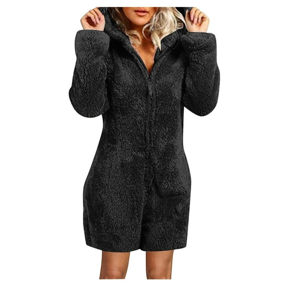 Generic Women's Winter Warm Jumpsuit Plush Long Sleeve Zip Hooded Pajamas