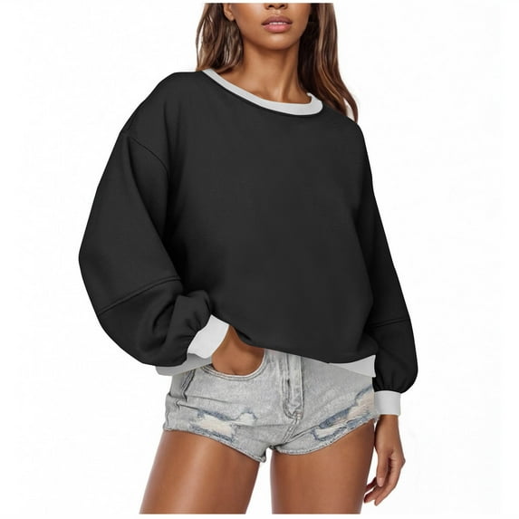 Generic Oversized Sweatshirts for Women Crewneck Long Sleeve Pullover 2025 Cute Color Block Casual Fleece Y2k Cropped Tops