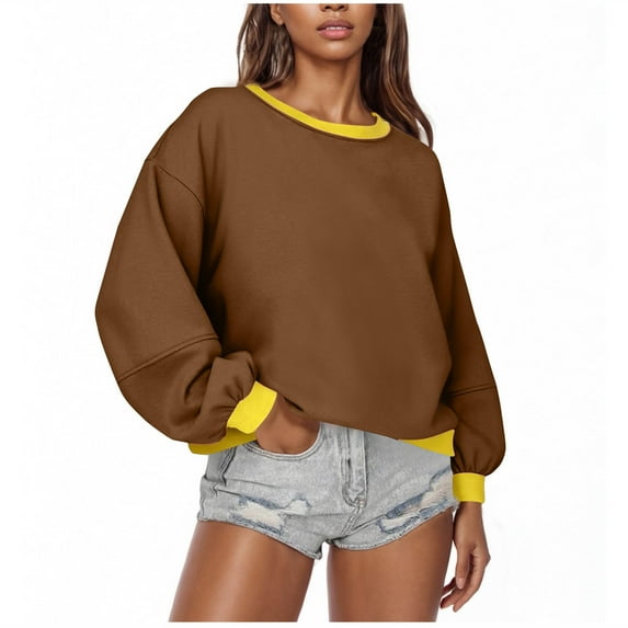 Generic Oversized Sweatshirts for Women Crewneck Long Sleeve Pullover 2025 Cute Color Block Casual Fleece Y2k Cropped Tops