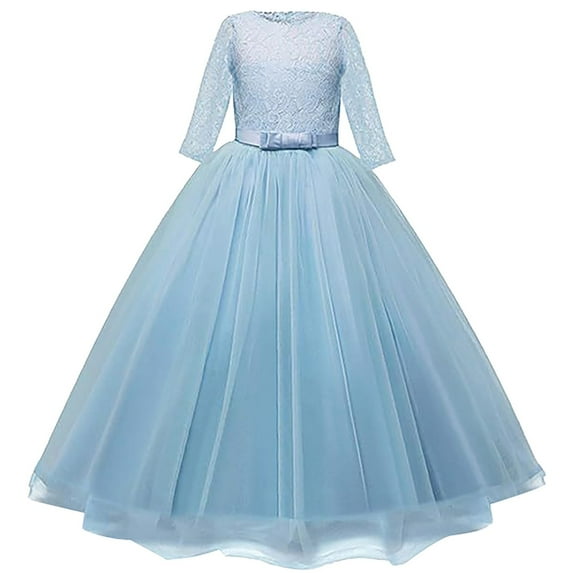 Generic Pageant Dresses for Girls Long Dress Spring/Summer Solid Medium Sleeve Round Neck Embroidered Mesh Spliced Bow Tie Dress Party Birthday Performance(5-6 Years,Light Blue)