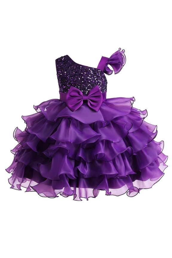 Pageant Dresses for Girls Sequins Bow Cake Puffy Dinner Performance Gown Wedding Dress for Party Evening Formal Dance Gowns (8-9 Years,Purple)