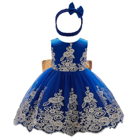 Generic Pageant Dresses for Toddler Girls Baby Bow Tie Puffy Lace Princess Wedding Gown Dresses for Party Evening Formal Dance Gowns (18-24 Months,Blue)