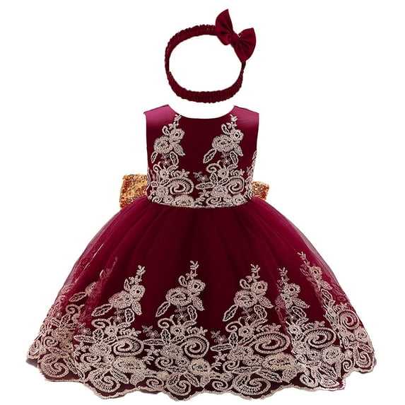 Generic Pageant Dresses for Toddler Girls Baby Bow Tie Puffy Lace Princess Wedding Gown Dresses for Party Evening Formal Dance Gowns (3-6 Months,Wine)