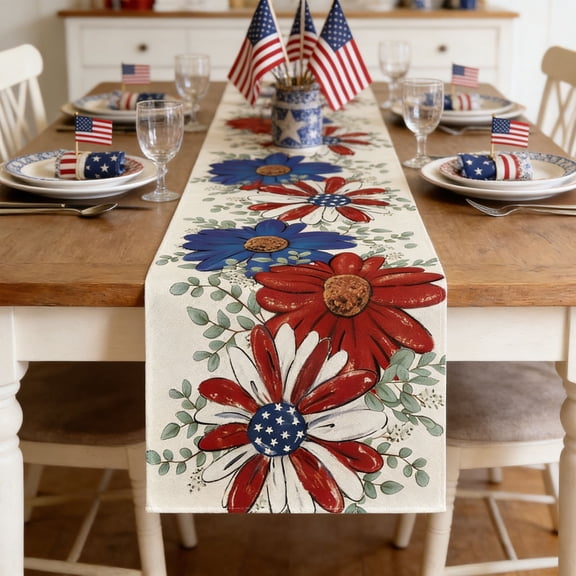 Generic Patriotic Floral Table Runner 13x72 Inch, Red White Blue Watercolor Wildflower Table Cover, Polyester Independence Day Dining Decor for 4th of July, Memorial Day, Kitchen, Party, Buffet