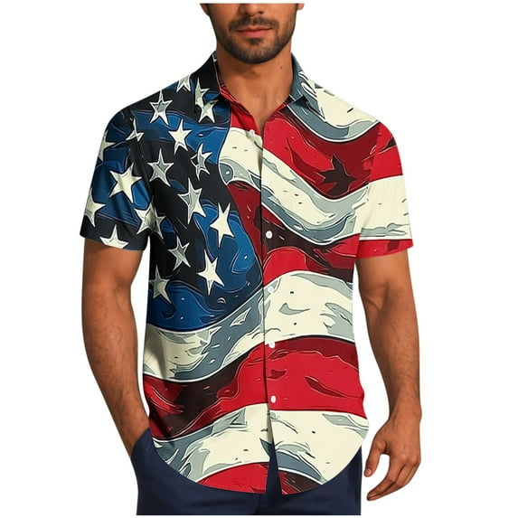 Generic Patriotic Shirts for Men 4th of July American Flag Print Short Sleeve Hawaiian Casual Button Down Shirt