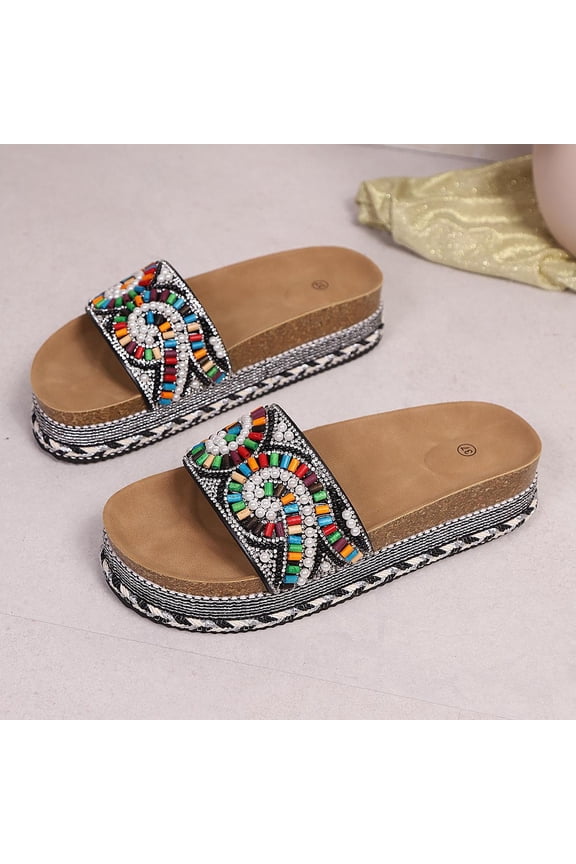 Multicolor Beaded Wedge Sandals for Women, Cork Platform Slides with Pearl Embellishment and Soft Cushioned Sole