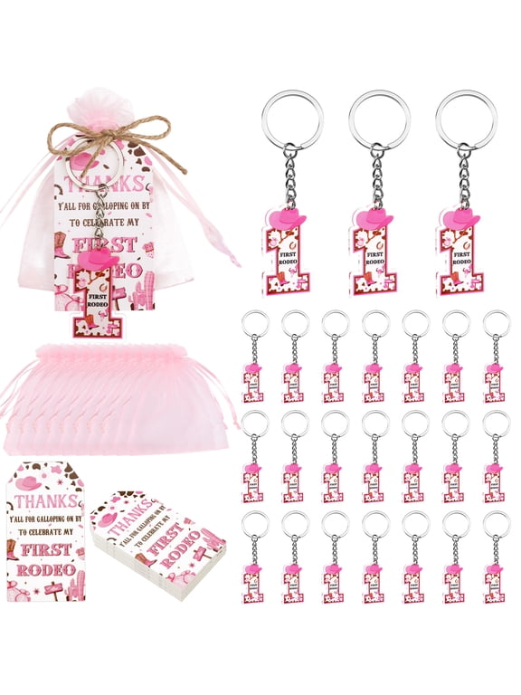 Generic Pink Cowboy Theme 1 Year Key Chain Set 24 Pack Acrylic Keychains Birthday Thank You Gift Cards Organza Bags Rope Party Favors for First Rodeo Girl Baby Birthday Celebration Table Keepsakes