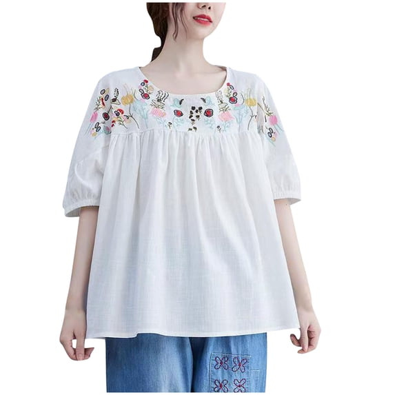 Generic Plus Size Women's Embroidered Mexican Peasant Blouse Mexico Summer Shirt Short Sleeve
