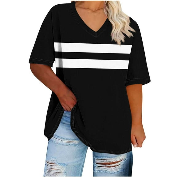 Generic Plus Size Womens T Shirts Loose Fit Short Sleeve Tees V Neck Color Block Summer Tops 2025 Fashion