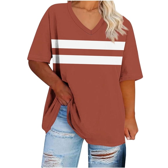 Generic Plus Size Womens T Shirts Loose Fit Short Sleeve Tees V Neck Color Block Summer Tops 2025 Fashion