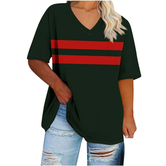 Generic Plus Size Womens T Shirts Loose Fit Short Sleeve Tees V Neck Color Block Summer Tops 2025 Fashion