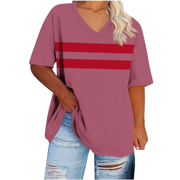 Generic Plus Size Womens T Shirts Loose Fit Short Sleeve Tees V Neck Color Block Summer Tops 2025 Fashion