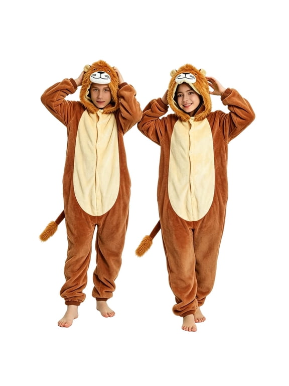 Plush Lion Hooded Jumpsuit for Boys Girls, Cute Animal Flannel Bodysuit with Fluffy Mane and Tail, Autumn Holiday Party Wear