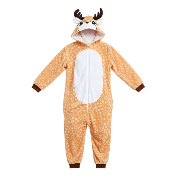 Generic Plush Reindeer Hooded Jumpsuit for Boys Girls, Cute Animal Flannel Bodysuit with Fluffy Mane and Tail, Autumn Holiday Party Wear