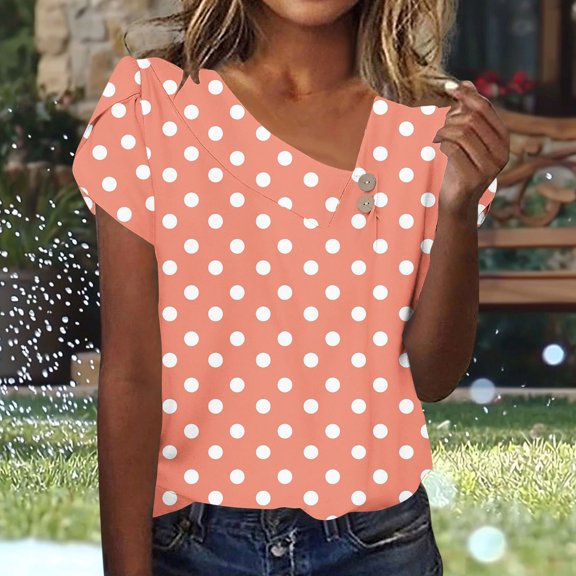 Generic Polka Dot Shirts for Women Irregular V Neck Casual Short Sleeve Tunic Tshirt Summer Cute Beach Vacation Blouse Tees