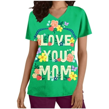 Generic Printed Scrubs Top for Womens Fun Medical Proffesional V Neck Short Sleeve Working Shirts