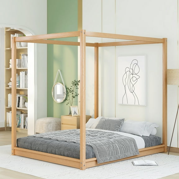 Generic Queen Size Canopy Platform Bed with Support Legs,Natural