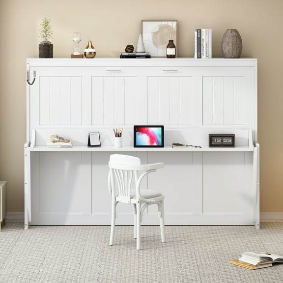 Generic Queen Size Murphy Bed with Hydraulic Lift & Desk Design, White