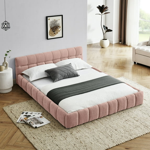 Generic Queen Size Upholstered Bed Frame with Thick Fabric, Chenille Fabric Grounded Queen Size Platform Bed with Headboard and Solid Frame. No Box Spring Needed, PINK