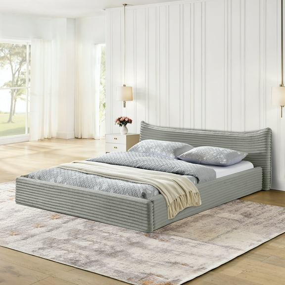 Generic Queen Size Upholstered Bed FrameAnd velvet fabric,Grounded Platform Bed with Decorative Curved Headboard and Solid Wood Frame, No Box Spring Required-Grey