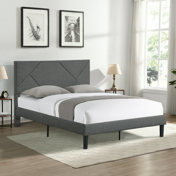 Generic Queen Size Upholstered Platform Bed Frame - Grey, Wood Slat Support