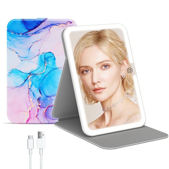 Generic Rechargeable Travel Makeup Mirror with 72 Led Lights, Portable Lighted Beauty Mirror, 3 Color Lighting, Dimmable Touch Screen, Tabletop LED Folding Cosmetic Vanity Mirror