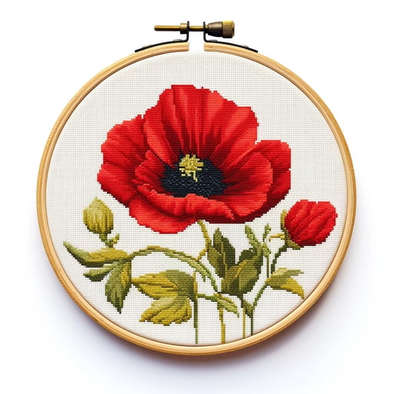 Generic Red Poppy Flower 11CT Stamped Cross Stitch Kits Easy for Beginners Child with Hoop DIY Needlepoint Counted Embroidery Kits Art Craft Wall Decor 12x12IN(1)