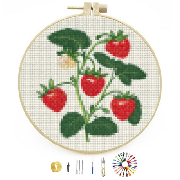 Generic Red Strawberry Plant Stamped Cross Stitch Kit with Hoop for Beginners, 18cm x 26cm, Multicolored, Non-Foldable