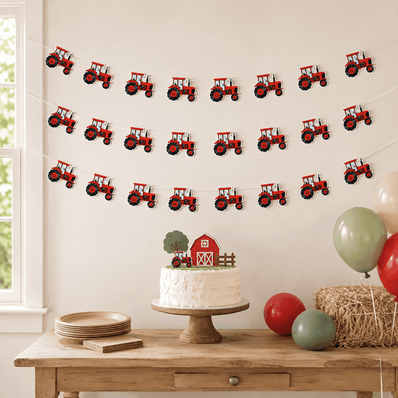 Generic Red Tractor Garland Set Sold Separately, 3 Strands 24 Paper Cutouts With White Satin Ribbon, Farm Vehicle Hanging Banner For Kids Birthday, Barnyard Party Wall Doorway Dessert Table Decor Set
