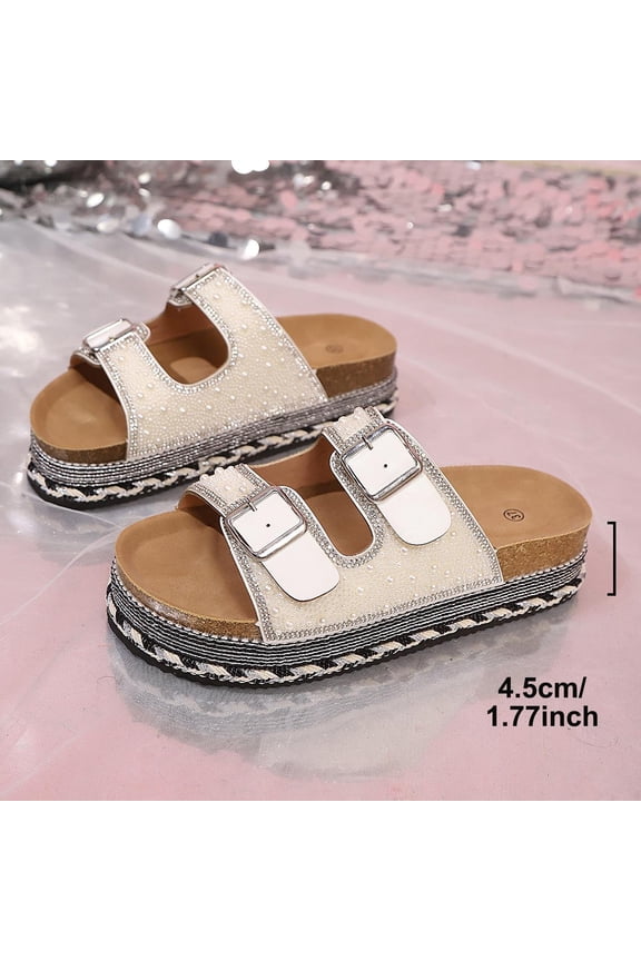 Rhinestone Platform Sandals for Women, Satin Open Toe Slides with Double Buckle Design, Lightweight Summer Beach Shoes