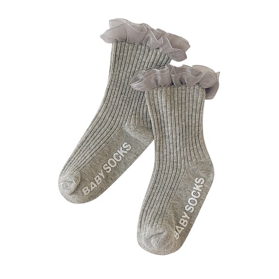 Generic Ruffle Socks Girls Toddler Children's Socks Spring Autumn Winter Baby Solid Color Lace Princess Mid Calf Socks for All Seasons Non-Slip Fashion Casual Breathable ﻿(2-4 Years,Grey)