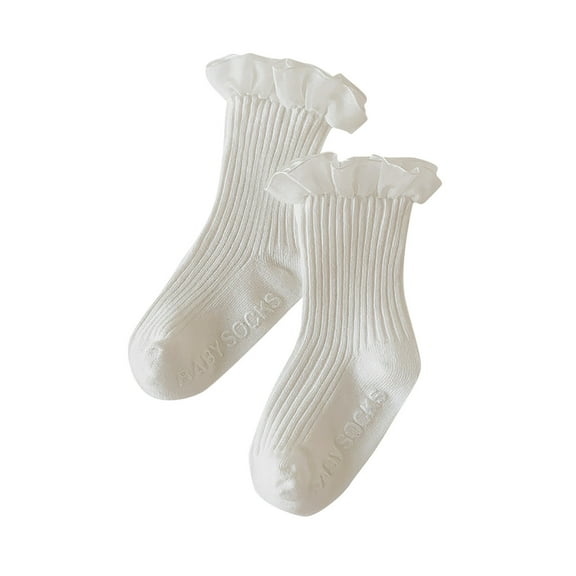 Generic Ruffle Socks Girls Toddler Children's Socks Spring Autumn Winter Baby Solid Color Lace Princess Mid Calf Socks for All Seasons Non-Slip Fashion Casual Breathable ﻿(0-2 Years,White)