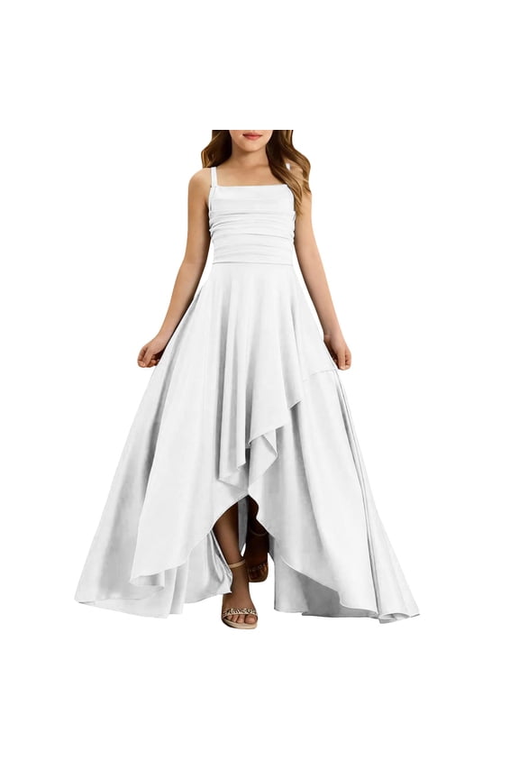 Satin High Low Junior Bridesmaid Dresses Square Neck Spaghetti Strap Flower Girl Dress Teen Girls Formal Special Occasions