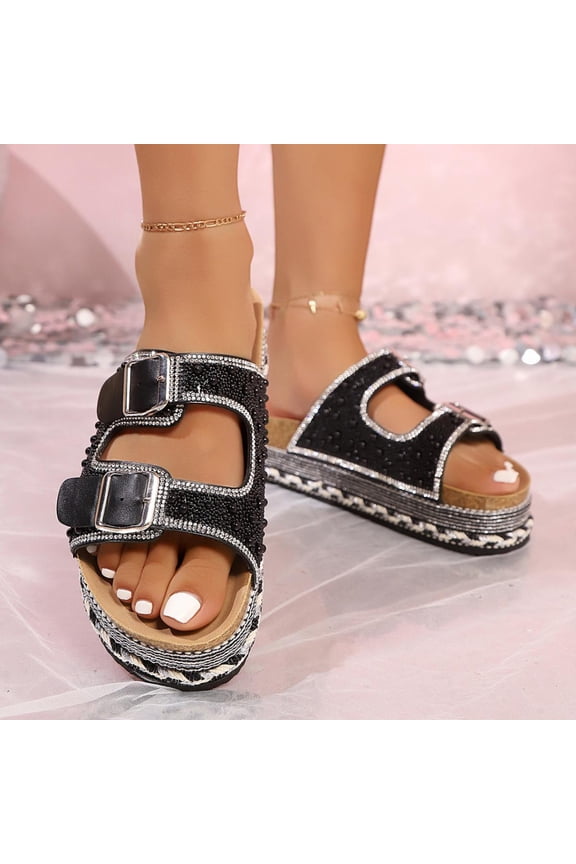 Satin Platform Slides for Women, Rhinestone Open Toe Sandals with Double Buckle Strap, Lightweight Summer Casual Shoes