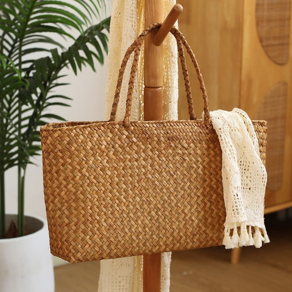 Generic Seagrass Storage Basket with Lid, Natural Handmade Rectangular Organizer Box with Toggle Closure, Odor-Preventing Woven Bin for Bathroom and Bedroom