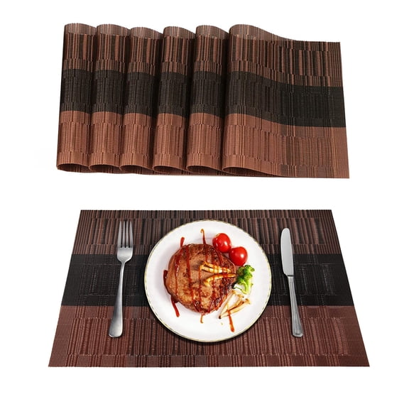 Generic Set of 6 Placemats, Heat-Resistant Vinyl Woven Placemats, Anti-Skid Washable PVC Table Mats, for Kitchen, Dining, Party, Holiday, 11.8x17.7 inch, Brown