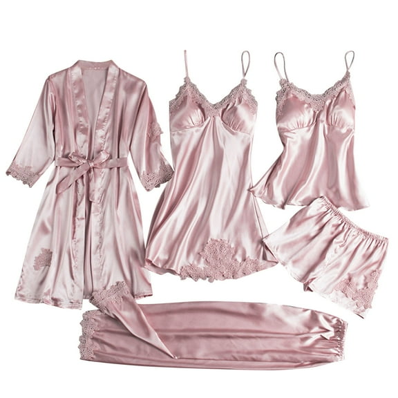 Generic Silk Pajamas for Women 5Pcs Sleepwear Loungewear Satin Robe Cami Shorts Pj Set