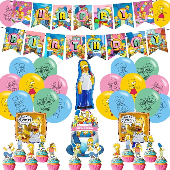 Generic Simpsons Themed Birthday Party Pack RST1- Includes Banner, Cake Topper, 12 Cupcake Toppers, 20 Balloons, 3 Simpsons Foil Balloons - Pink, Blue, Green, Yellow